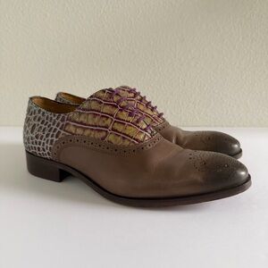 John Fluevog City Angels Damascus Classic Brogued Oxfords Grey Croc Womens US 10